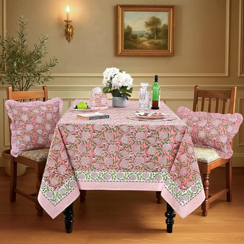 Ridhi Pink Strawberry Hand Block Print Rectangular Tablecloth 108x60 Inches