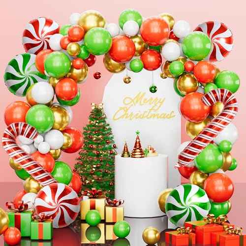 Christmas Decorations Balloons Arch Kit - 126 PCS Red Green White Gold Confetti Xmas Foil Balloons Candy Cane Balloon Garland Arch Kit for Xmas Christmas Decorations Holiday New Year Party Supplies