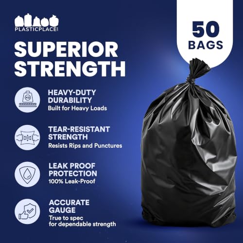 Heavy Duty Black Trash Bags 50 Count - 64-65 Gallon, Puncture Resistant, 1.5 Mil