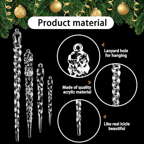 24pcs Christmas Tree Crystal Decorations 4 Styles Clear Acrylic Xmas Tree Icicle Hanging Ornaments for Christmas New Year Holiday Wedding Winter Party Decor
