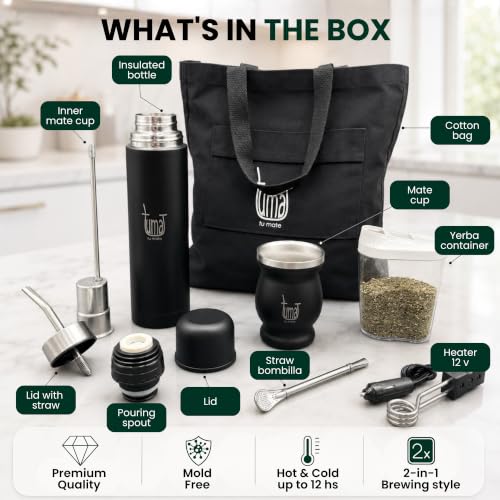 Black TUMA TU MATE Yerba Mate Kit with Thermo, Cup, Bombilla & AutoMate System