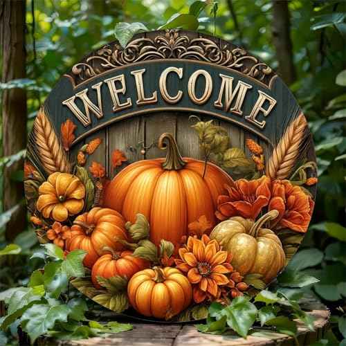 H&W 2D Halloween Welcome Front Door Sign for Decor, 12inch Thanksgiving Day Wooden Welcome Decorative Sign Hanging, Porch Home Wall Outside Decor(A)