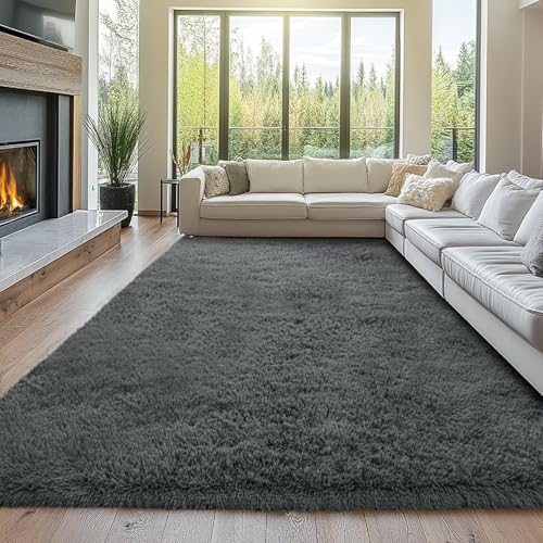 Grey 8' x 10' Fluffy Shag Area Rug for Living Room - Soft Microfiber Plush Carpet