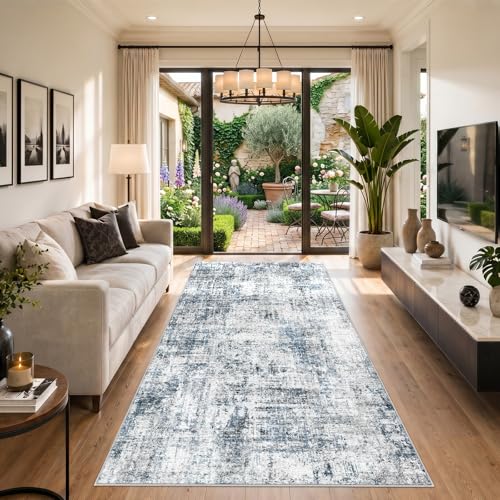 5x10 Blue Non-Slip Washable Hallway Runner Rug - Soft Low-Pile Area Rug