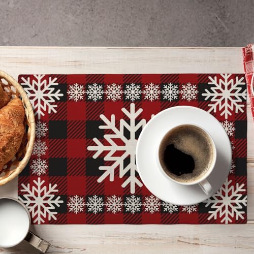 DAFENA Red Black Buffalo Plaid Snowflake Christmas Placemats Set of 4 12x18 Inches