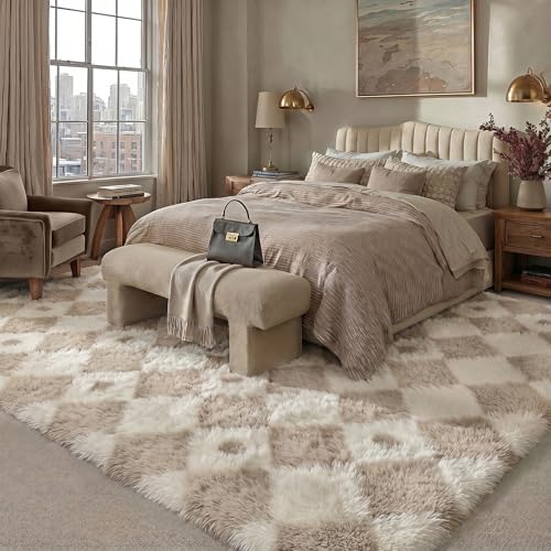 Boho Beige 8x10 Area Rug for Living Room - Soft Checkered Shag Carpet