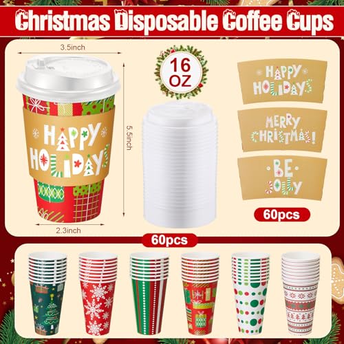 Sunnychicc 60 Sets Christmas Disposable Coffee Cups with Lids, 16 oz, Holiday Party Drinkware