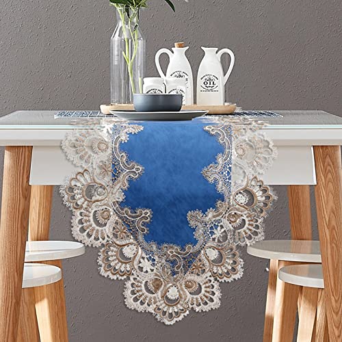 Blue 16x120 Inch Vintage Lace Table Runner - 120" PU/Poly with Macrame Edge