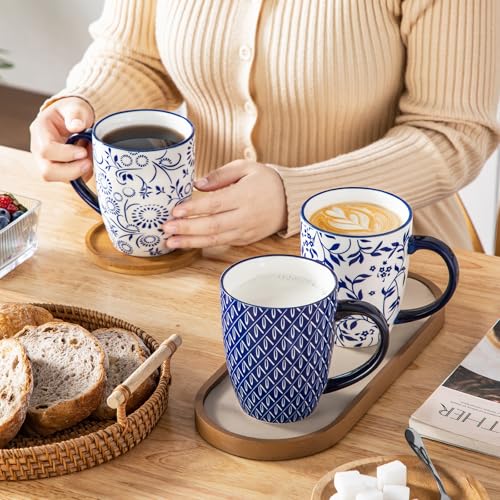 Large 16 Oz Coffee Mug Set of 6 - Vintage Blue Porcelain Tea and Coffee Cups with Handle