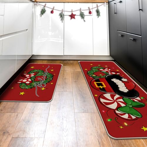 Tailus Christmas Believe Santa Red Kitchen Rugs Set of 2, Red Mouse