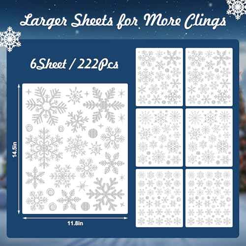 222PCS Snowflake Glitter Christmas Window Clings, 6 Sheet Snowflake Clings for Glass, Christmas Window Decals Stickers for Home Office Decor Xmas Party Decorations