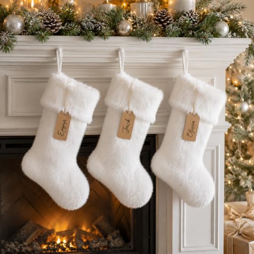 AOGU 3 Pack 18in Snowy White Faux Fur Christmas Stockings - White Hanging Stockings