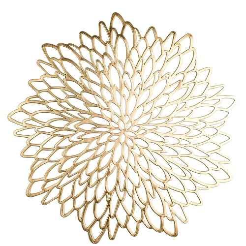 Snowkingdom 4 Pack Gold Placemats Metallic Pressed Vinyl Golden for Dinning Table Place Mats Round Floral Charger Decoration for Christmas Thanksgiving Holiday Wedding