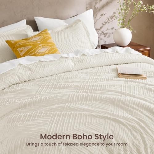 JOLLYVOGUE Queen Comforter Set 7-Piece Boho Tufted Bed in a Bag Beige & White, Queen (88"x88")