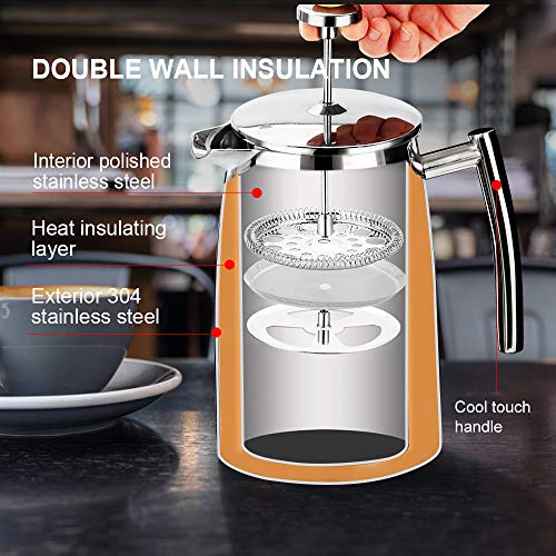 50-Ounce French Press Coffee Maker Stainless Steel Insulated with Extra Screen