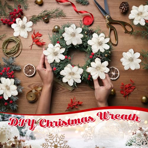 XunYee White Christmas Glitter Magnolia Flowers 6'' - 10 Pcs Holiday Decor