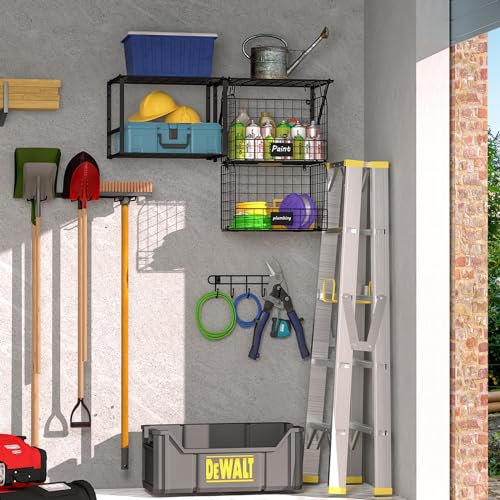 Heavy Duty Wall Mounted Garage Shelf with Wire Baskets & Tool Storage
