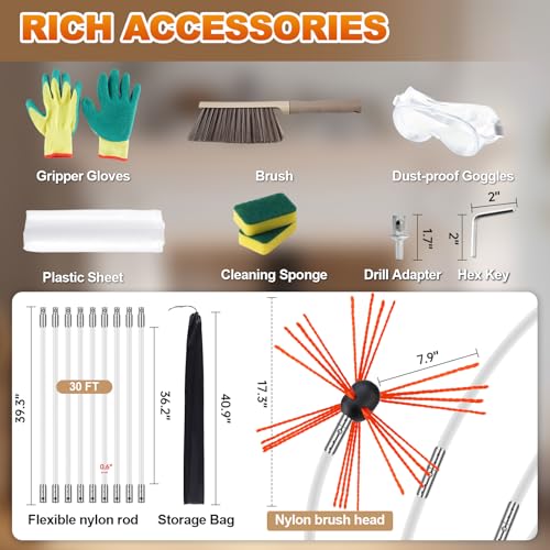 Bluesea 30FT Chimney Sweep Kit with Strong Nylon Brush & 9 Flexible Rods