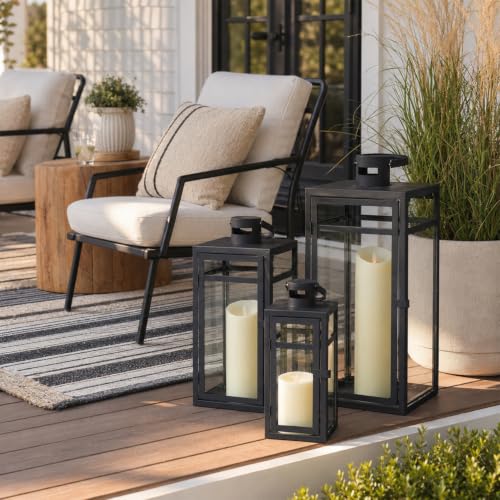 Black Stainless Steel Lanterns Set of 3 Outdoor & Indoor Candle Holders - Farmhouse Decor
