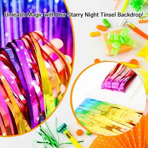 Sparkly Neon Rainbow Foil Fringe Curtain Backdrop Metallic Streamers Photo Booth Props for Birthday Bachelorette Gay Pride Day Graduation Wedding 80s 90s Disco Party Decorations- 2 Packs (3.3x6.6Ft)