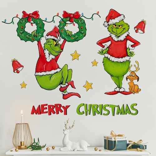 Mfault Merry Christmas Cartoon Character Wall Decals Stickers, Xmas Tree Wreath Max Dog Decorations Bedroom Art, Star Jingle Bell New Year 2026 Home Kitchen Decor Holiday Gifts