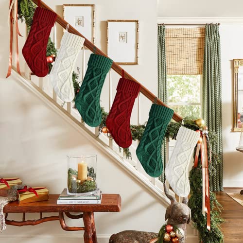 Kunyida Pack of 6 18" Burgundy Ivory Green Knit Christmas Stockings - Rustic Cable 6-Pack