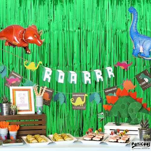 Football Party Decorations Green Streamers - Thicken 2 Pack 3.2 x 8.2 FT - Tinsel Foil Fringe Curtains Party Backdrop for Birthday, Dinosaur, Christmas, Jungle, Golf Party Decorations