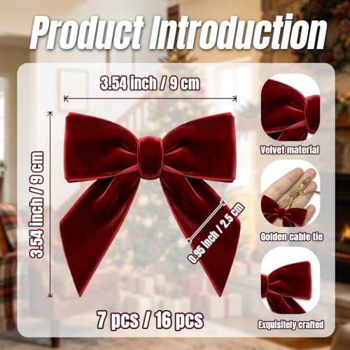 APHIUFR Burgundy Velvet Ribbon Bow 16 Pcs 3.5 x 3.5 in Christmas Decor