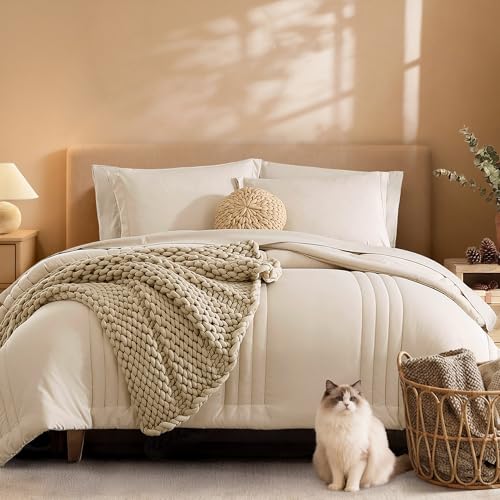 Monbix Oversized King Comforter Set - Apricot Beige Bedding 7 Pieces Bed in a Bag