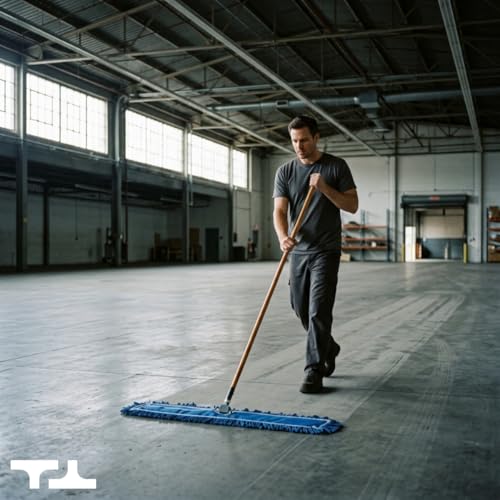 36 Inch Blue Commercial Dust Mop & Floor Sweeper with Wood Handle - 5 Inch Width