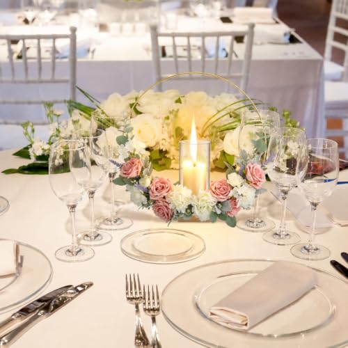 Leinuosen 12-Inch Table Centerpiece Set – 12 Gold Metal Wreath Rings with Glass Candle Holders and Wooden Stands