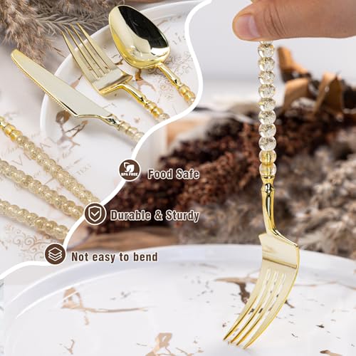 150PCS Heavy Duty Gold Plastic Silverware Set Bead Embellished - Elegant Disposable Utensils