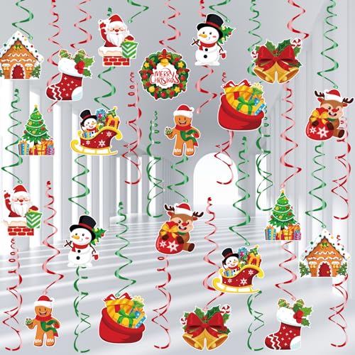 KIMOBER 30PCS Christmas Hanging Swirls Decorations, Double Sided Foil Swirl Hanging Ceiling Decorations for Xmas Holiday Party Supplies