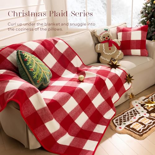 Red Christmas Throw Pillow Covers Set of 2 - Faux Wool Buffalo Check 18x18 Inches