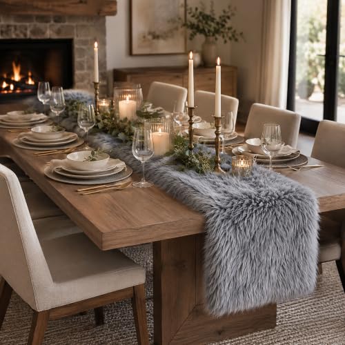 Gray Faux Fur Table Runner Winter Holiday Decor 11.8 x 70.8 Inch