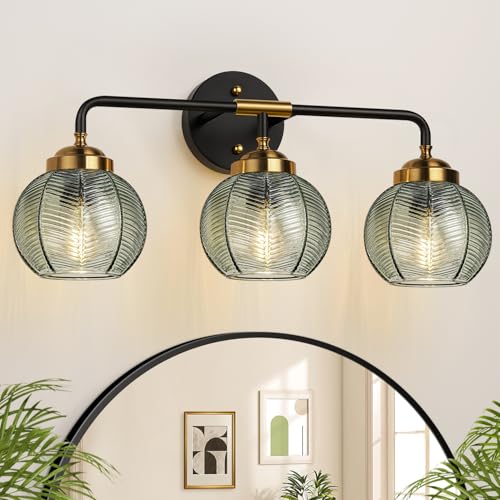 MOKATNG Green Leaf Textured Glass Bathroom Vanity Light - 3-Light Wall Fixture, Modern Matte Black & Gold Finish