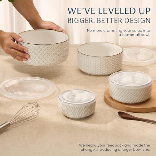 KooK 70 Oz Ceramic Nesting Bowls with Lids - Embossed Stoneware, Set of 4 Ivory