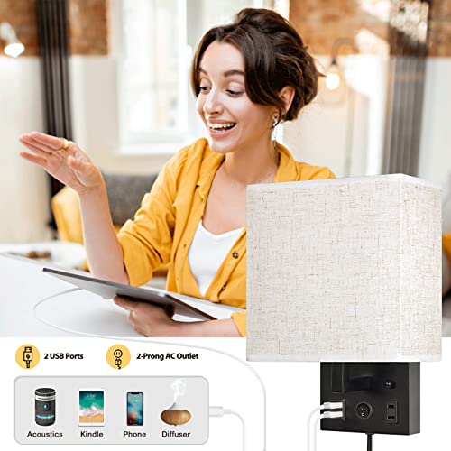 Black CADUKE Bedside Wall Lamp Set of 2 with USB & AC Outlet - Modern Wall Sconces