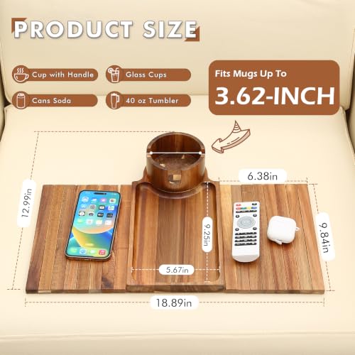 Acacia Wood Couch Cup Holder Tray for Sofa Armrest - Fits 6.3+ Inch Wide Arms