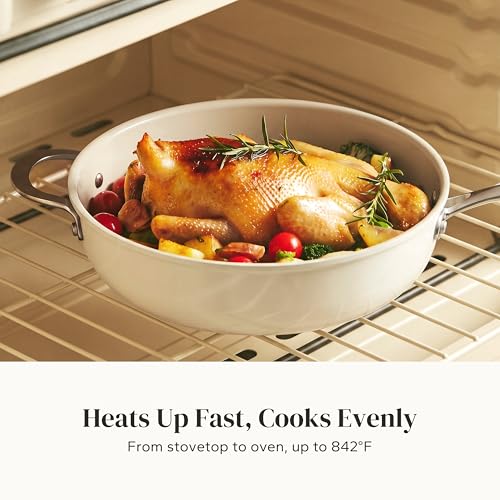 Redchef Ceramic Saute Pan with Lid - 5QT Nonstick Deep Frying Pan, 11 Inch, Beige