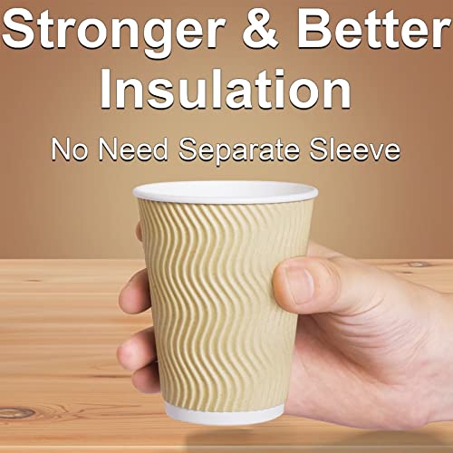 Luckypack 12oz Disposable Insulated Corrugated Coffee Cups - 100 Pack, Brown