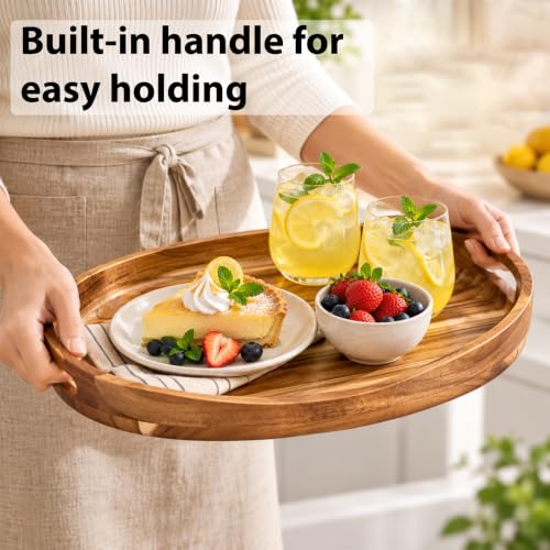 Acacia Wood Serving Tray with Handles - 17x13 Inch Round Ottoman Table Decor Variation of THIS listing