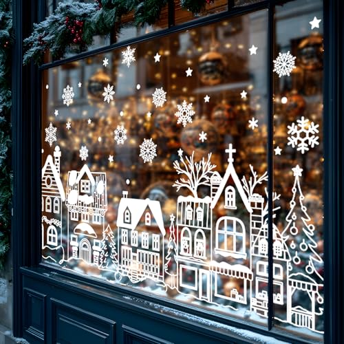 JarThenaAMCS 13.8x35.4'' Extra Large Christmas Window Clings 4 Sheets - White Houses & Snowflakes Double-Sided