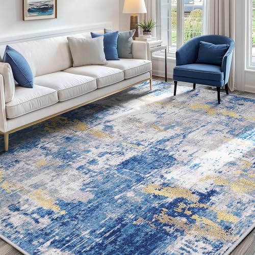 Washable Abstract Area Rug 8x10 ft for Living Room - Blue & Gold, Non-Slip