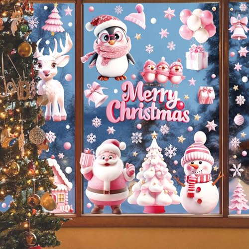 9 Sheets Christmas Window Clings, 3D Pink Santa Claus Snowman Penguin Deer Snowflake Christmas Tree Glass Door and Window Double-Sided Winter Holiday Decoration Sticker