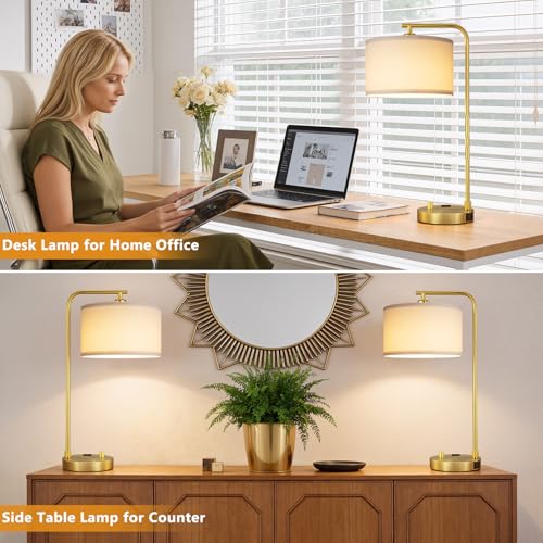 Gold Bedside Lamps Set of 2 with White Shade, Dimmable Nightstand Lamps with USB Ports