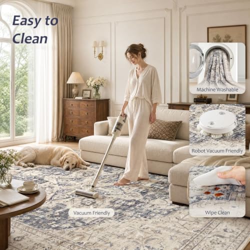 8x10 Washable Area Rug - Vintage Medallion Pattern, Non-Slip, Cream & Blue