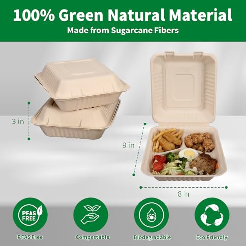Aricsen 100 Pack 8x9 Inch Eco-Friendly 3-Compartment Takeout Food Containers