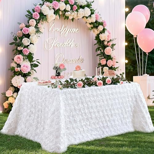 B-COOL 90x156 Inch White 3D Floral Rosette Satin Tablecloth – Rectangular