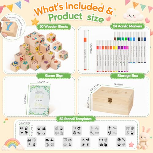 Baby Shower Wooden Blocks Set with Markers and Design Templates - Engraved & Blank Sides, Safe & Educational